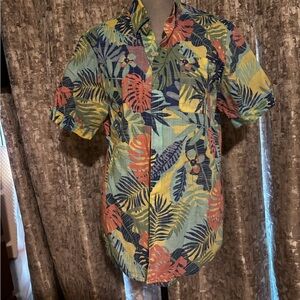 Izod Tropical Leaf Short Sleeve Shirt - Blue, Yellow, Coral